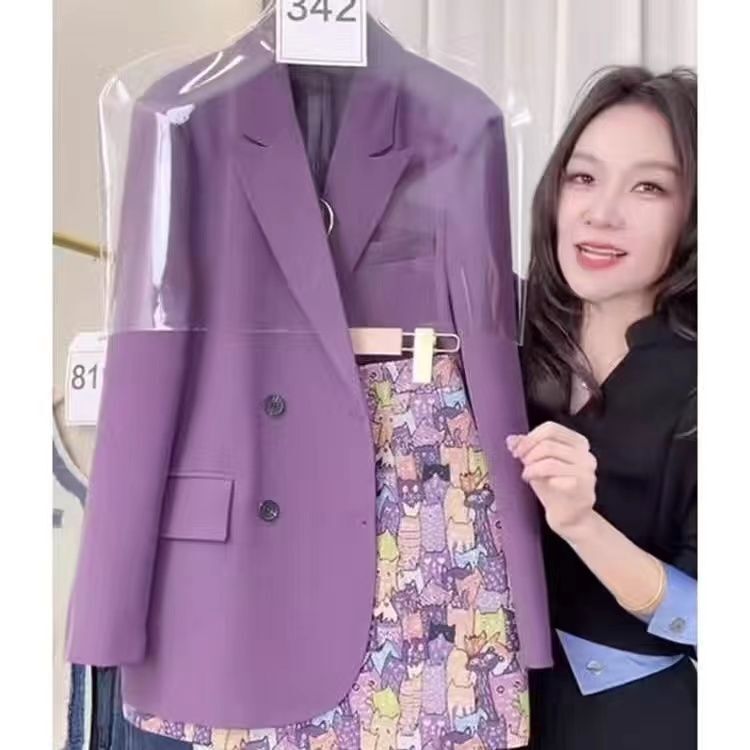 Spring and Autumn New Fashion Suit Set for Women, Stylish Purple Blazer Jacket and High-Waisted Skirt Two-Piece Set