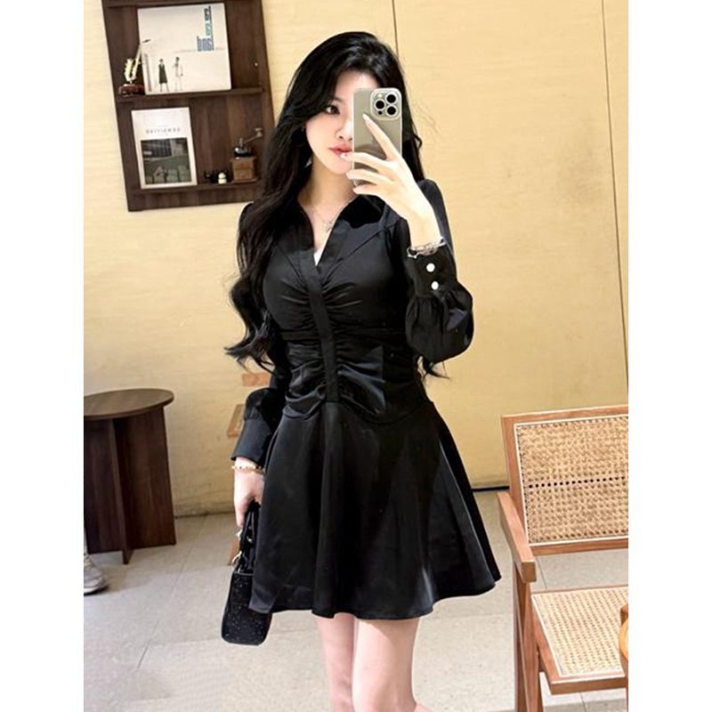 French-Style Black Satin Dress for Women, 2026 Spring and Autumn New High-End Design Long-Sleeve Shirt Dress French-Style Black Satin Dress for Women, 2026 Spring and Autumn New High-End Design Long-Sleeve Shirt Dress