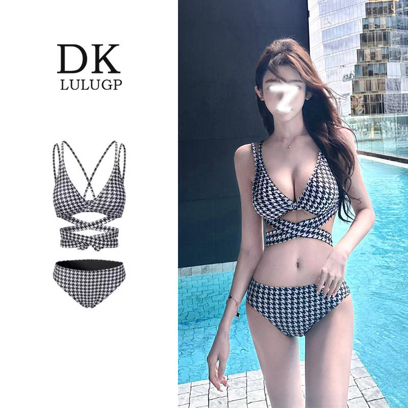 Dk Song Ji-Ah Style Houndstooth Cross-Tie Two-Piece Swimsuit Push-Up Bikini Hot Spring Vacation Swimwear for Women Dk Song Ji-Ah Style Houndstooth Cross-Tie Two-Piece Swimsuit Push-Up Bikini Hot Spring Vacation Swimwear for Women