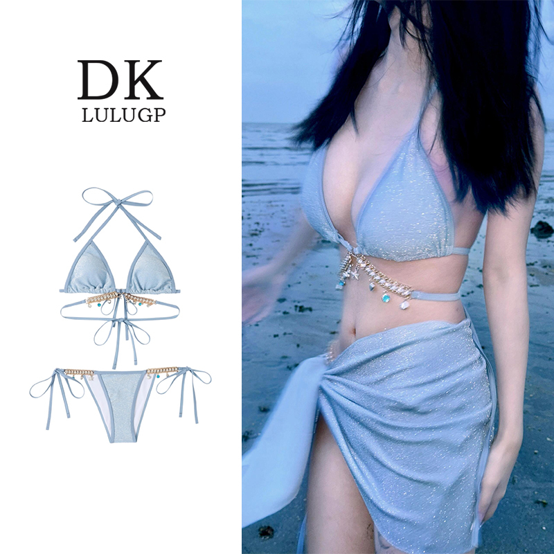 Dk Light Blue Swimsuit Mermaid Chain European and American Pure Desire Style Tie-Up Three-Point Sexy Resort Hot Spring Triangle Bikini