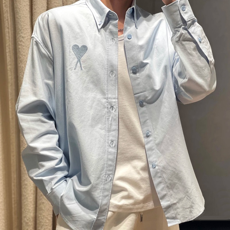 Ami Ancient New Long-Sleeved Shirt with Simple Heart Embroidery, Versatile for Both Men and Women, Casual Loose Shirt