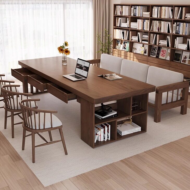 Integrated Solid Wood Desk and Bookcase for Living Room, Writing Desk with Drawers, Home Study Desk, Workbench Integrated Solid Wood Desk and Bookcase for Living Room, Writing Desk with Drawers, Home Study Desk, Workbench