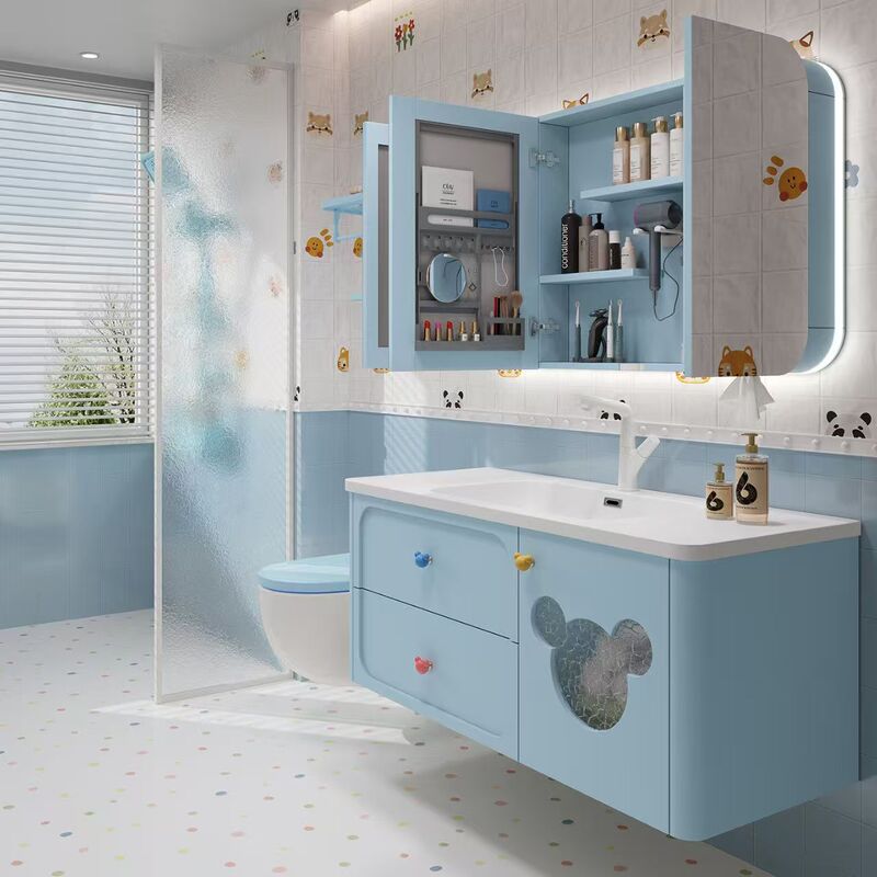 Oak Solid Wood Dopamine Children's Bathroom Cabinet Sky Blue Cartoon Bear Boy's Bathroom Integrated Washbasin
