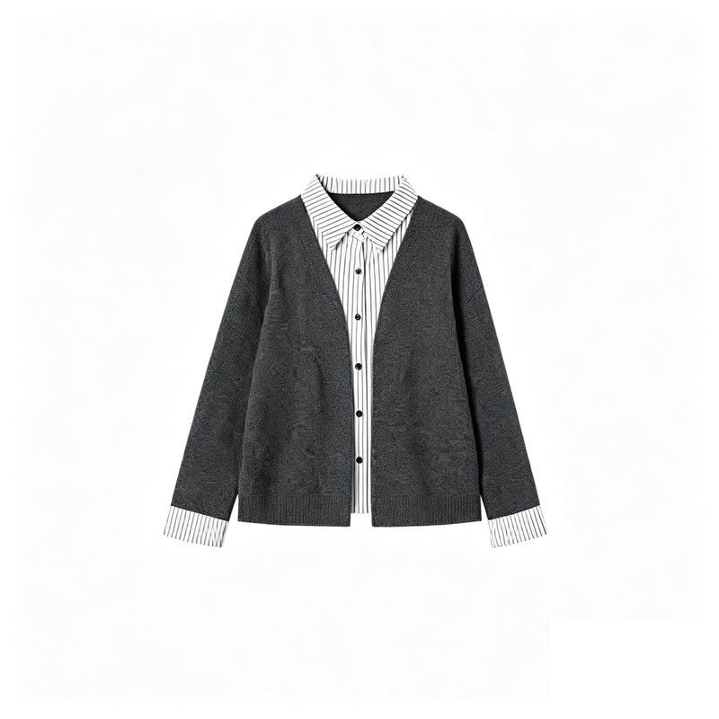 9.11F New Style Patchwork Striped Shirt Solid Color Knitted Cardigan Fake Two-Piece 3082-25182 9.11F New Style Patchwork Striped Shirt Solid Color Knitted Cardigan Fake Two-Piece 3082-25182