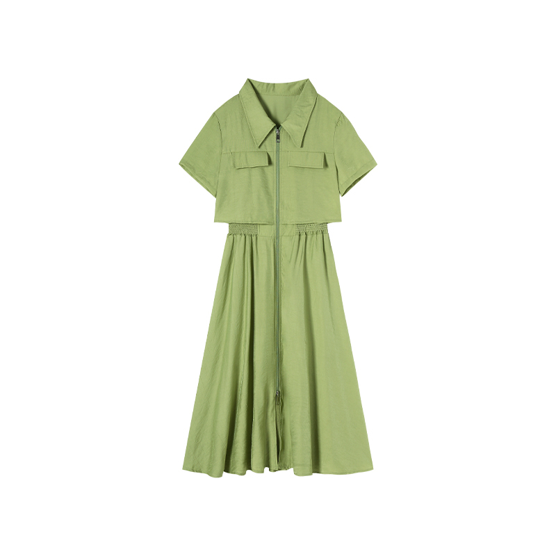 6.18F New Style Spliced Fake Two-Piece Short-Sleeved Shirt Waist-Cinching Dress Mc2665