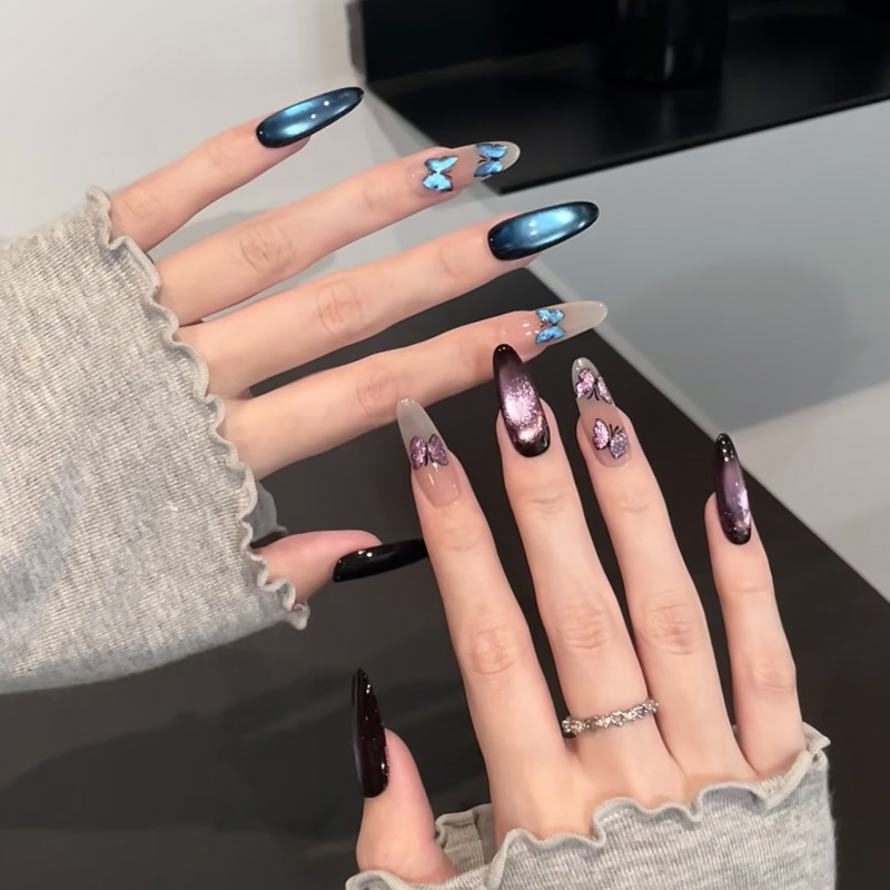 Blue and Purple Butterfly Ab Style Wearable Nails, High-End, Elaborate, Exquisite Cat-Eye Long Nails, Removable Nail Patches