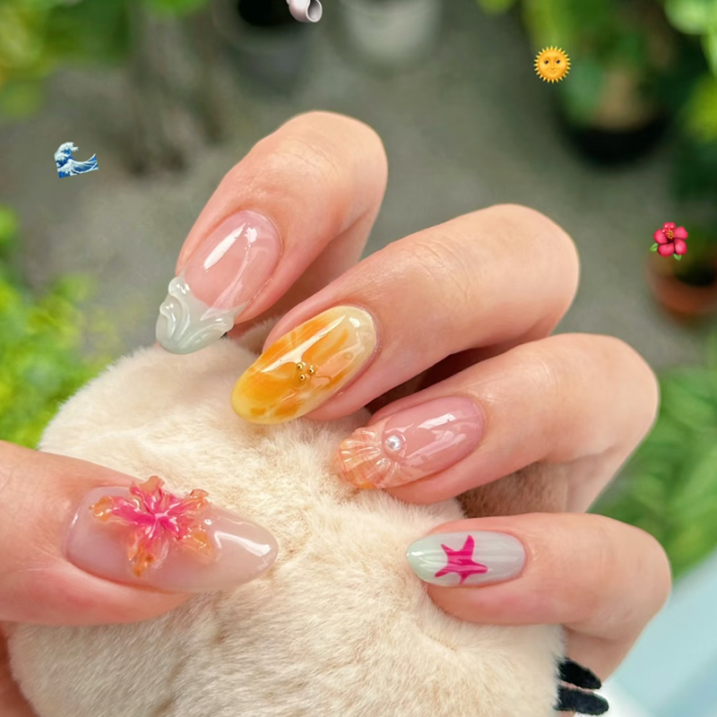 Dopamine Island Style Carved Heavy-Duty Handmade Wearable Nails, Whitening and High-End Feel, Mid-Length Finished Nail Art, Removable