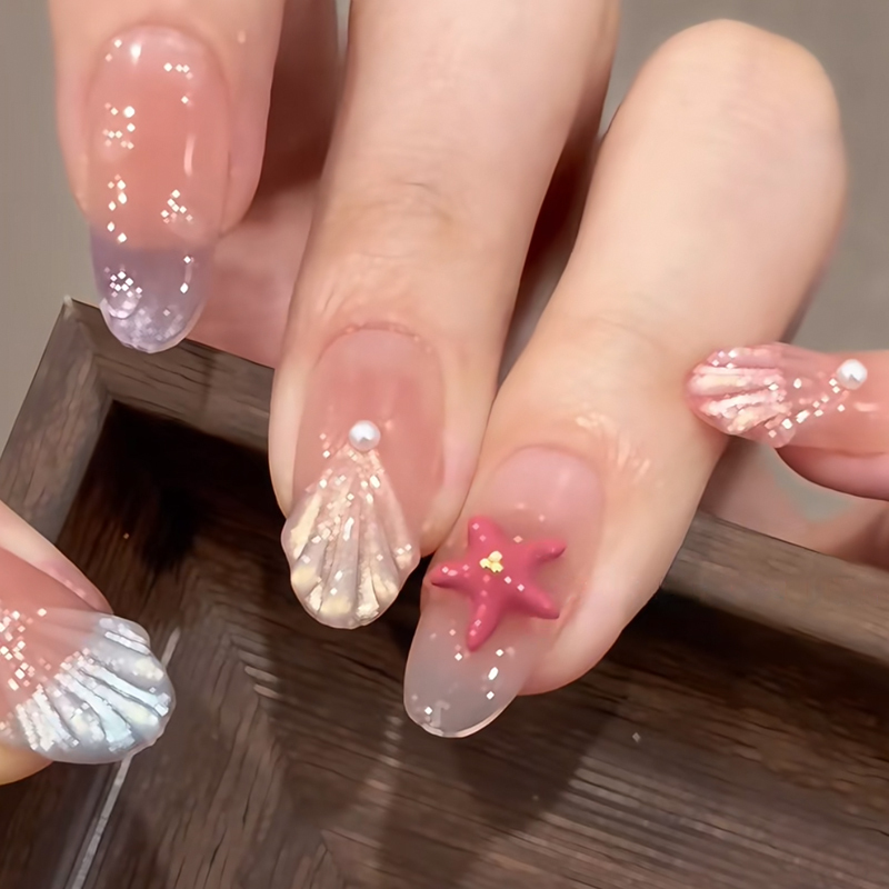 Summer Starfish Wearable Nail Art Macaron Cat Eye Shell Three-Dimensional Island Manicure Medium-Long Detachable Nail Stickers