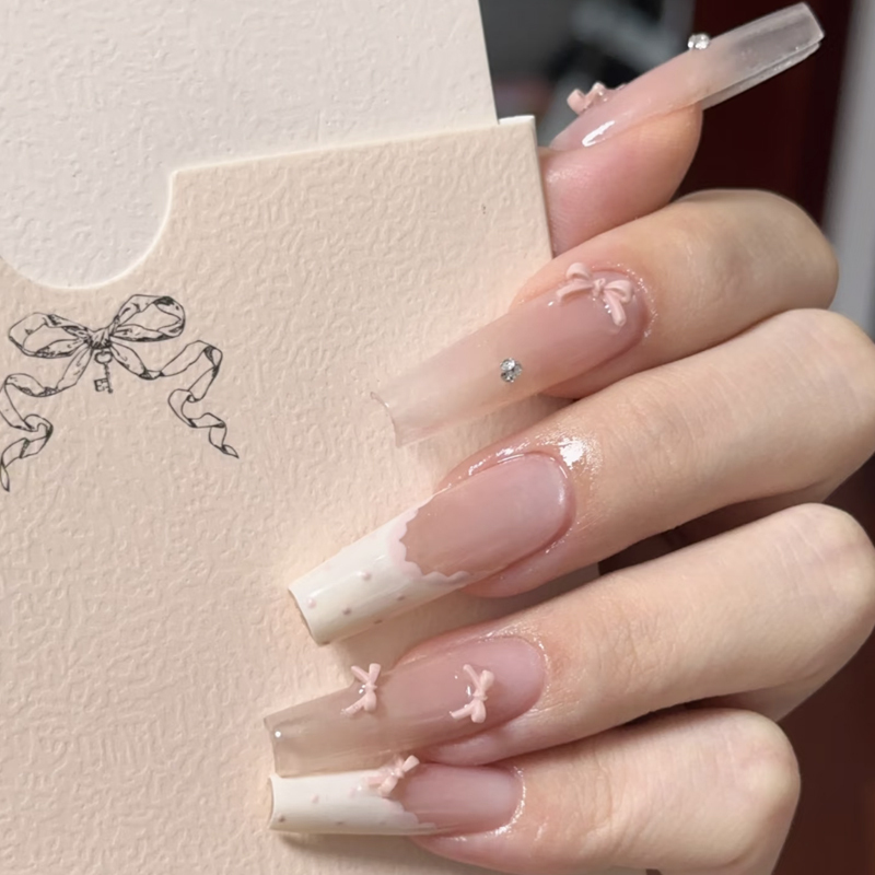 Sweet Style Wearable Nails, French Ballet Bow, ins Wind-Resistant Long Detachable Nail Patches, Finished Nail Art