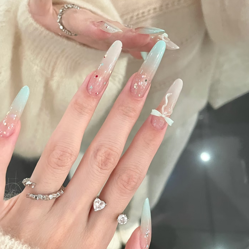 Mint Mambo Gradient Wearable Nails Bowknot Polka Dot Energetic Girl Whitening Dopamine Macaron Manicure Long Style