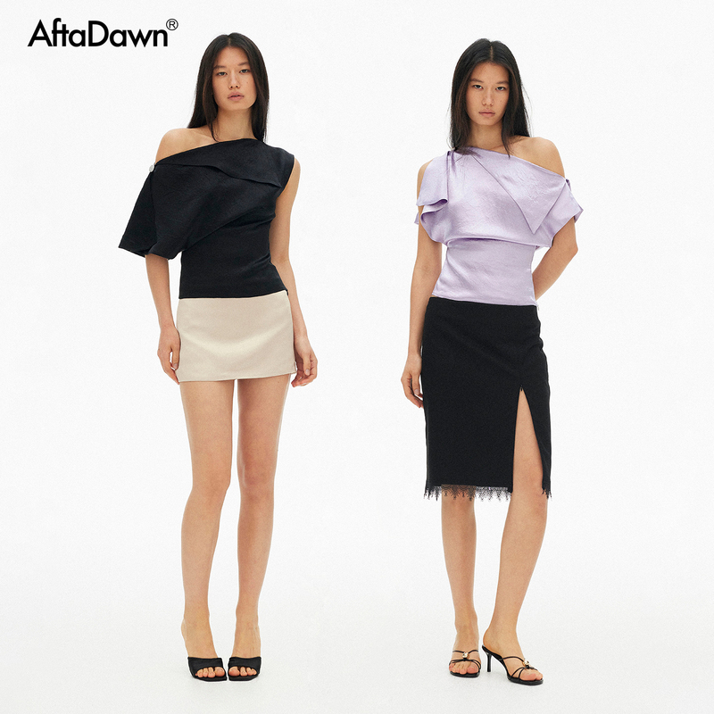 Aftadawn Yigenana Same Style Acetate Satin Asymmetrical One-Shoulder Single-Sleeve Button-Up Waist-Cinching T-Shirt Top