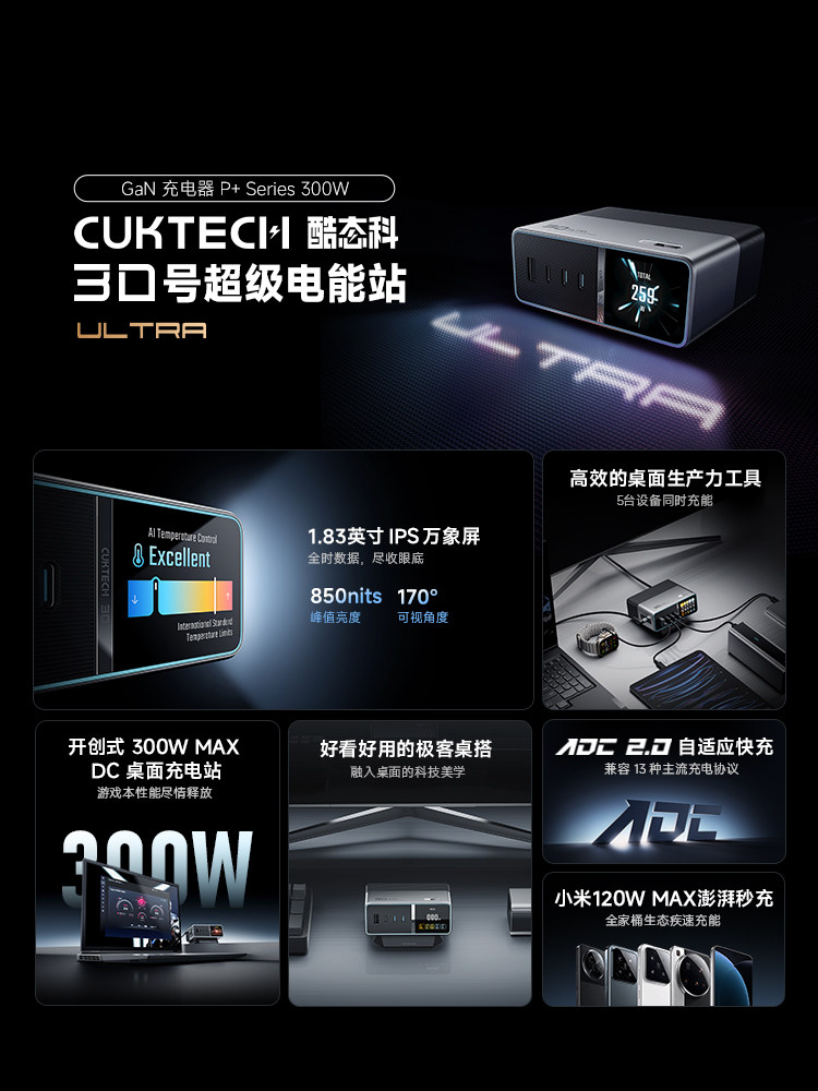 [National 3C Certification] Cuktech Cooltech No. 30 Super Power Station Ultra Computer and Mobile Phone Desktop Charger Multi-Function Base Gallium Nitride Fast Charging Multi-Port Pd Plug for Laptop