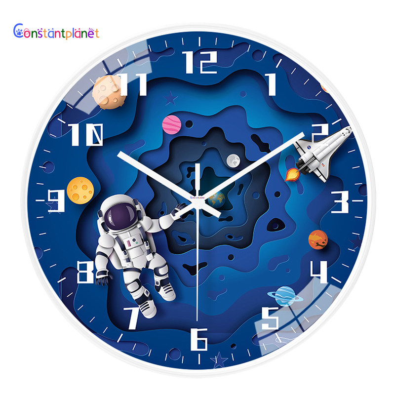 Clock hanging bell mute male children space cartoon cartoon bedroom free of punch quartz watch round home hanging wall-Taobao