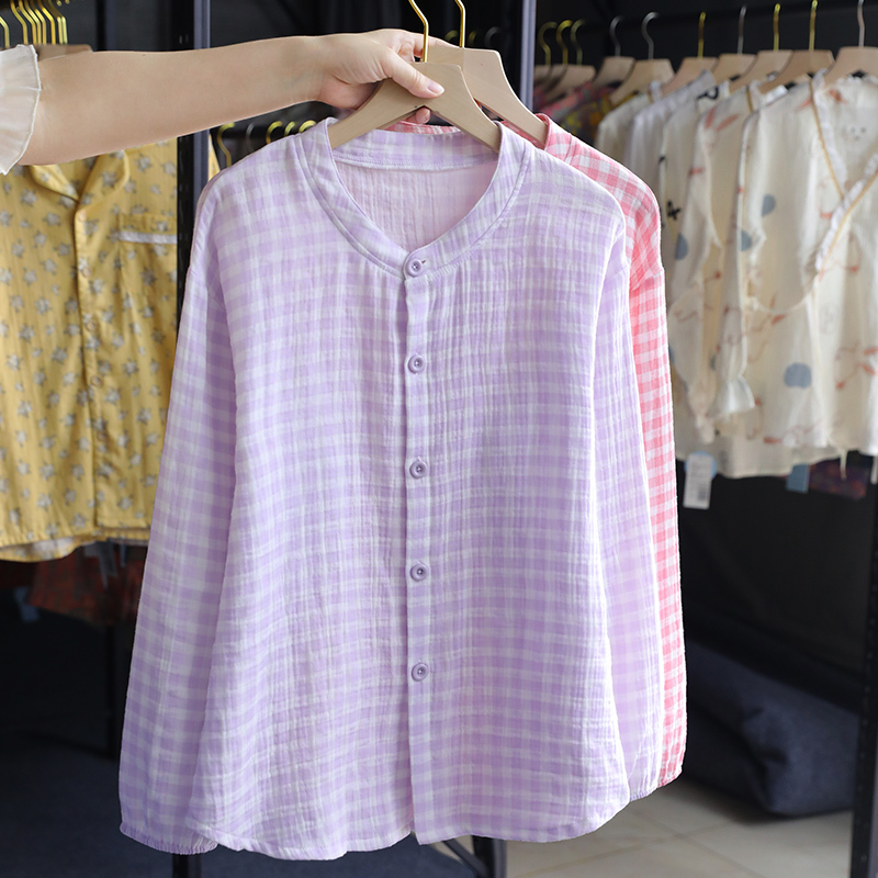 Pure Cotton Gauze Thin Long-Sleeved Cardigan Top Home Wear Japanese-Style Plaid Simple Pajamas for Women Spring, Autumn, and Summer Styles