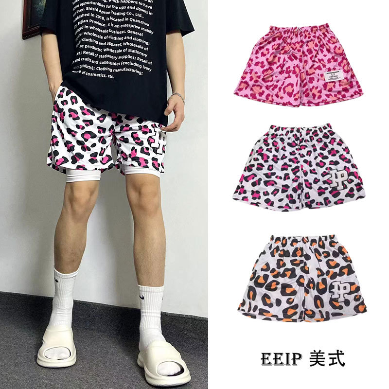 Fimete American-Style Leopard Print Shorts for Men and Women, Summer Running Quick-Dry Sports Pants, Embroidered Faux Two-Piece Four-Point Basketball Shorts