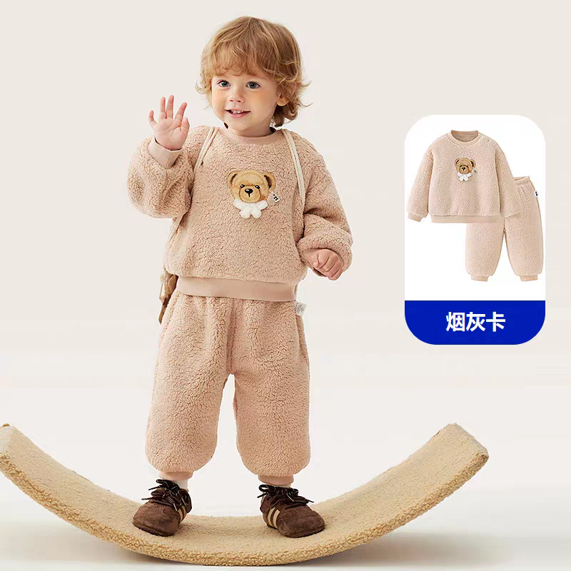 【泰迪熊IP联名】迷你巴拉儿童家居服套装宝宝双面绒睡衣秋冬款