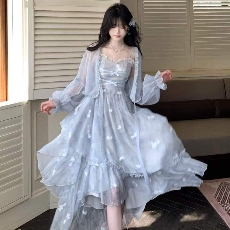 2026 New High-End Sweet Chiffon Floral Long Dress French Blue Spaghetti Strap Dress Two-Piece Set for Women Summer