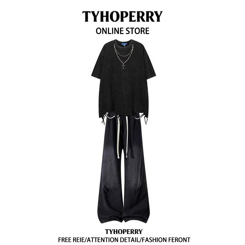 Tyhoperry American High Street Style Suit, High-End and Cool Outfit, Spring and Summer Short-Sleeved Jeans Two-Piece Suit