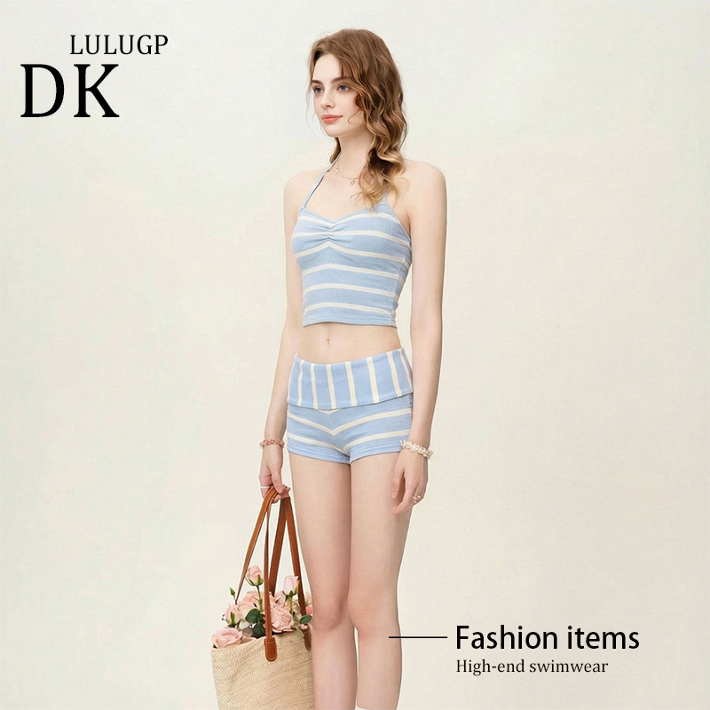 Dk Striped Halter Neck Two-Piece Swimsuit for Women 2026 New High-End Style with Straps and Boyshorts Vacation Bikini Three-Piece Set Dk Striped Halter Neck Two-Piece Swimsuit for Women 2026 New High-End Style with Straps and Boyshorts Vacation Bikini Three-Piece Set