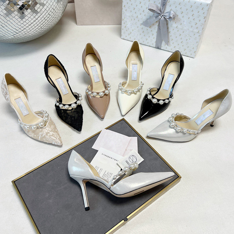 Jc Women's Shoes Hollow Pearl High Heels Pointed Toe Patent Leather Stiletto Bridesmaid Wedding Shoes New Summer Single Strap French Style Shoes