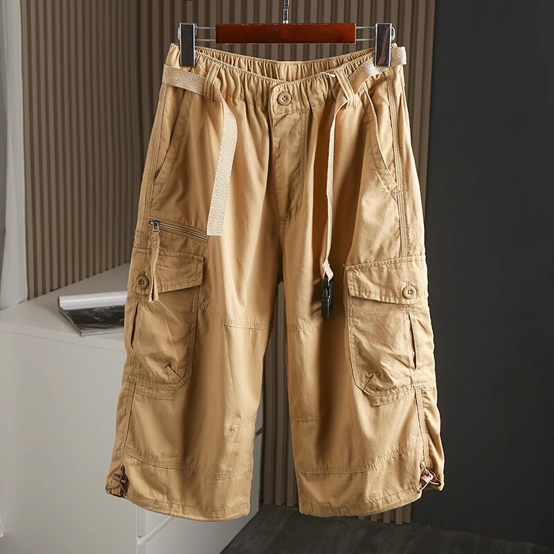 Foreign Trade Surplus! Summer Men's Casual Pure Cotton Multi-Pocket Cargo Shorts with Belt, Three-Quarter Pants, Breeches, Trendy