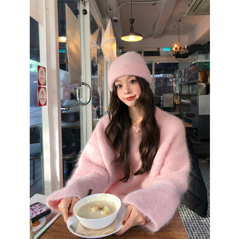 With Naki Coconut Glutinous Rice Cake 78 Alpaca Wool Blend Fluffy Warm Women's Sweater + Hat Lazy Style