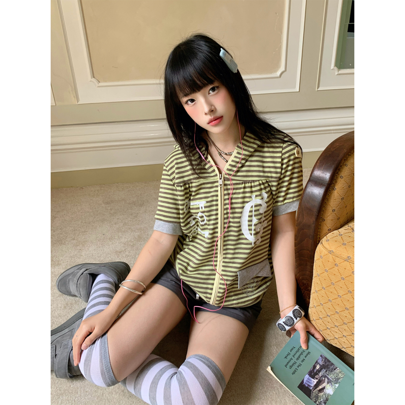 1Moresheep Retro Key Yellow-Green Pinstripe Hooded Short-Sleeve Zip-Up Cardigan Y2K Casual Street Style