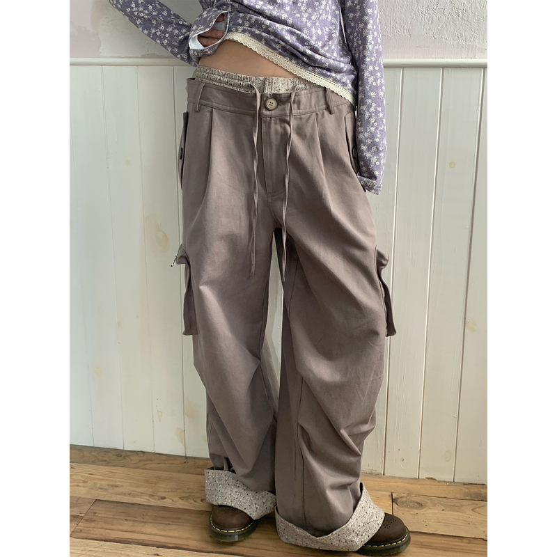 1Moresheep Floral Vintage Patchwork Waistband Casual Pants Retro Multi-Pocket Cargo Wide-Leg Pants 1Moresheep Floral Vintage Patchwork Waistband Casual Pants Retro Multi-Pocket Cargo Wide-Leg Pants