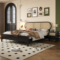 Nordic solid wood rattan bed modern minimalist bedroom wabi-sabi retro style black bed French medieval 1 8m double bed