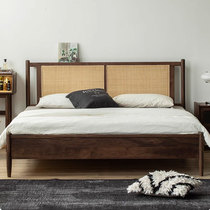 Solid wood bed cherry wood small apartment rattan bed modern North American bedroom black walnut log simple bed