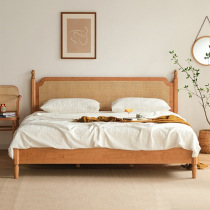 Nordic household cherry wood rattan 1 5m solid wood bed Japanese modern simple light luxury rattan art 1 8m double bed