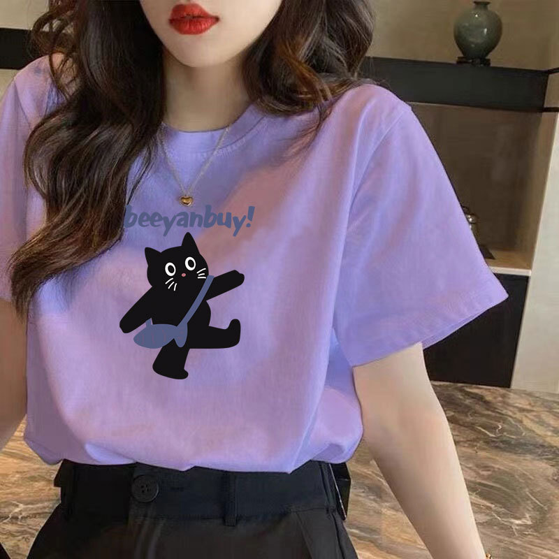 2026 New Style Regular Shoulder Pure Cotton Round Neck Short-Sleeve T-Shirt for Women, Fashionable Versatile Trendy Purple Top Basic Style for Summer 2026 New Style Regular Shoulder Pure Cotton Round Neck Short-Sleeve T-Shirt for Women, Fashionable Versatile Trendy Purple Top Basic Style for Summer