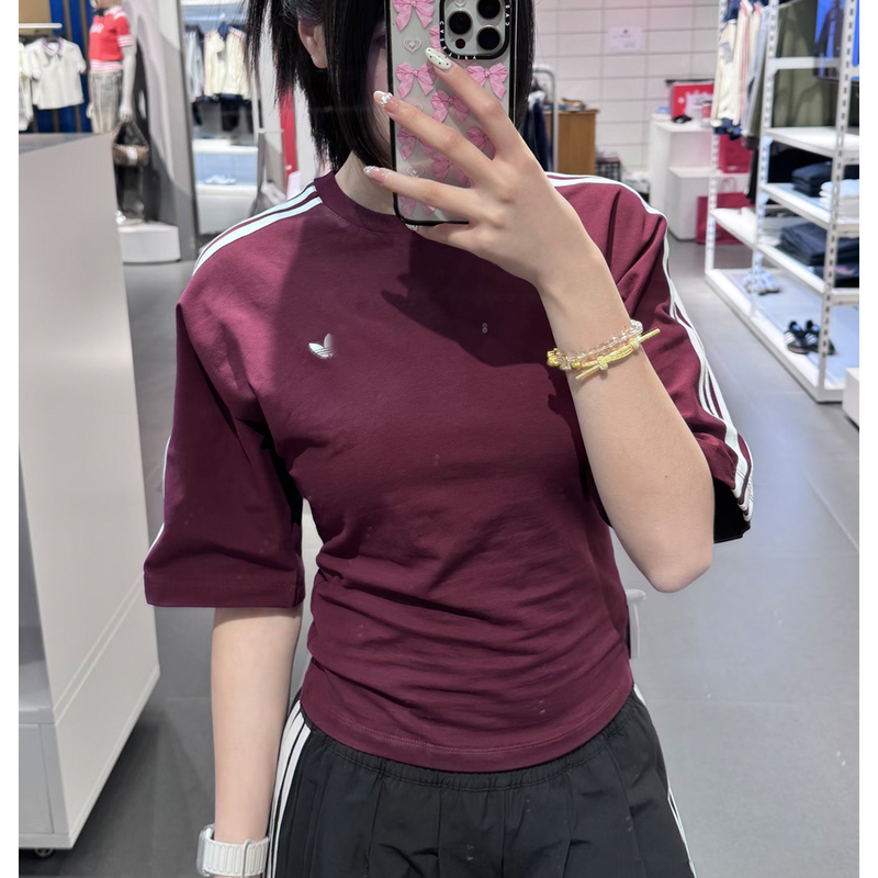Song Yuqi's Same Style Clover 26 Women's New Embroidered Logo Loose Fit Pure Cotton Classic Burgundy Sports Short-Sleeve T-Shirt