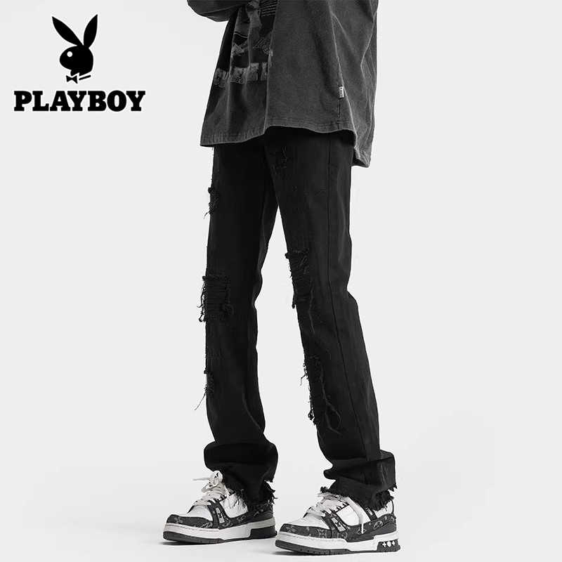 Playboy Ripped Jeans Belt Men's Trendy Slim Straight Leg Slightly Flared Black American High Street Vibe Pants