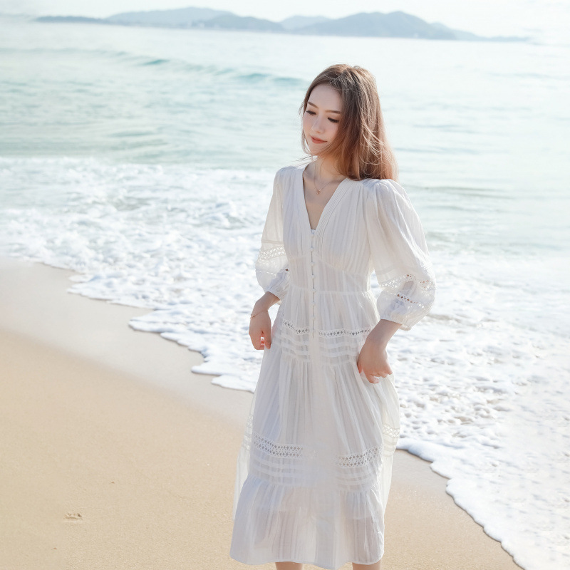 White Dress, Sanya Seaside Vacation Beach Dress, Elegant Long Dress, Yunnan Lijiang Travel Outfit, Photo Shoot Long Dress