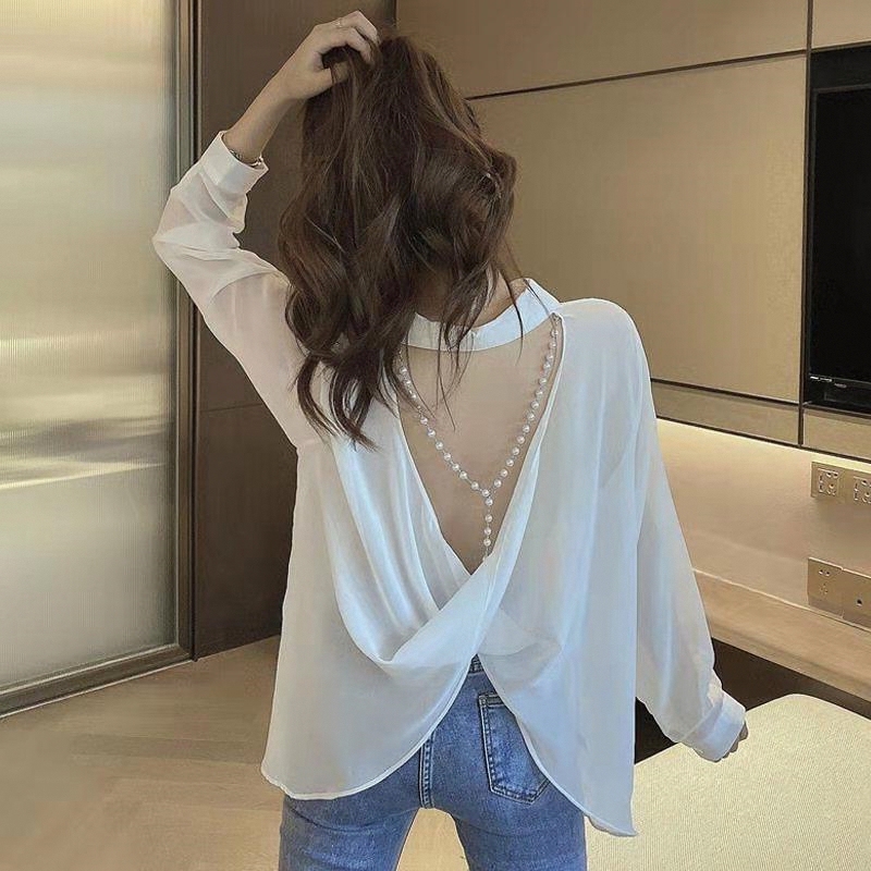 Sexy Backless Blouse with Pearl Embellishments, Long-Sleeved Sun Protection Shirt, Casual Loose Fit, Slimming Top for Summer