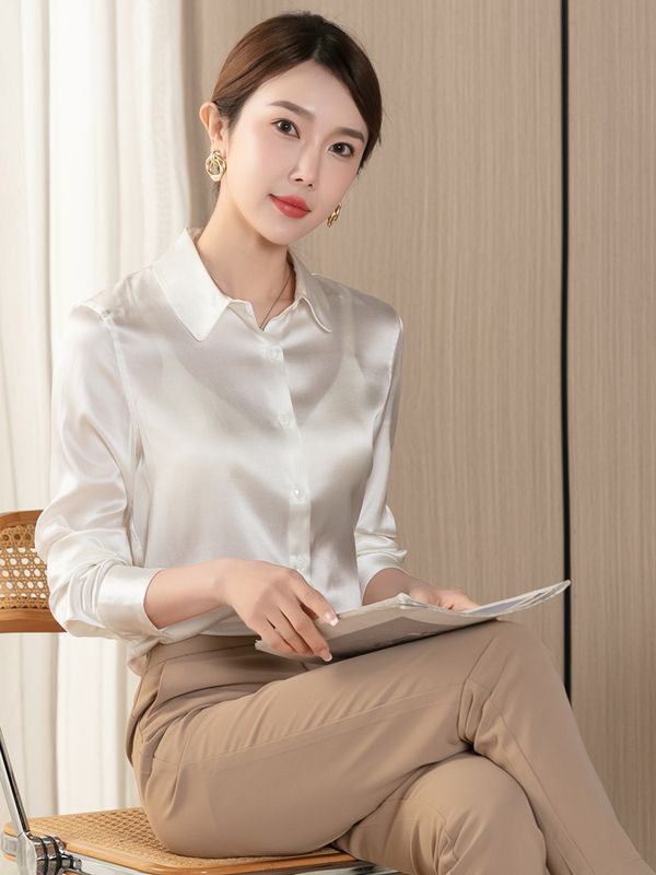 Simulated Silk Shirt for Women 2023 Spring Satin Business Attire Color-Blocking Long-Sleeve Shirt Commuter Slim-Fit Polo Collar Top