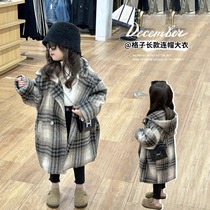 Girls winter woolen coat 2024 new childrens fashionable mid-length Korean style baby girl thickened cotton coat