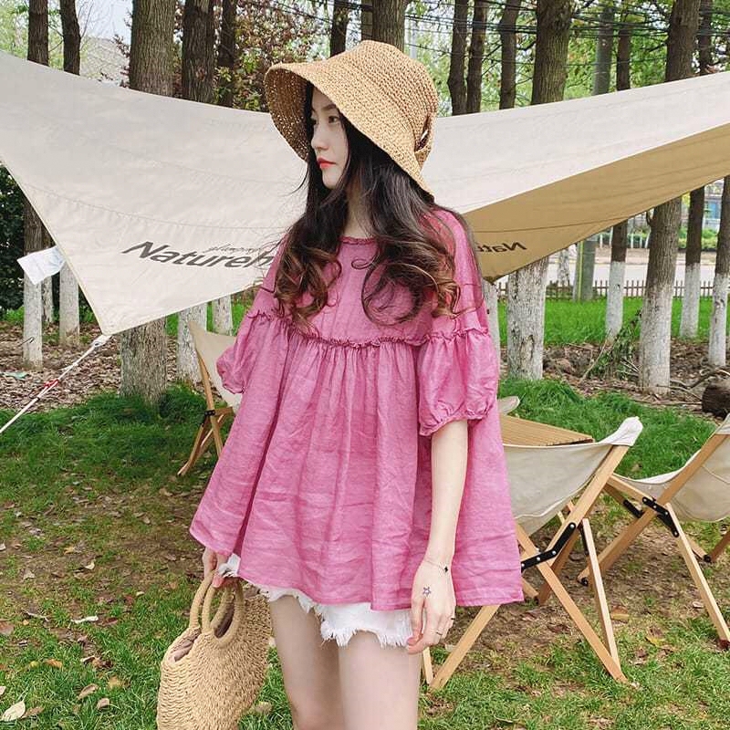 Shirt, Summer Short-Sleeved, Loose, Sweet, Korean Style, Stylish, Lace, A-Line, Puffy, Ramie, Age-Reducing, Thin Babydoll Top