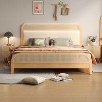 Solid wood bed modern minimalist 1 8m rattan bed master bedroom retro bed double master bedroom 2m x 2m large bed solid wood color