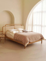 Nordic solid wood bed wabi-sabi wind rattan bed ins tonal retro bed bed and breakfast Japanese style 1 8 meter double bed can be customized