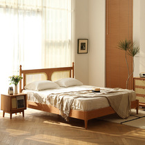 Nordic solid wood cherry wood rattan bed log retro double bed 1 8 meters 1 5 modern simple black walnut bed