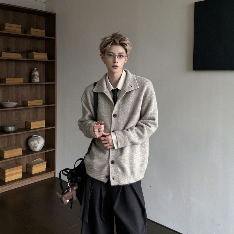 Miu-Style High-Intelligence Knit Cardigan Jacket for Men, Autumn Quiet Luxury Old Money Style Outfit, Preppy Lapel Sweater