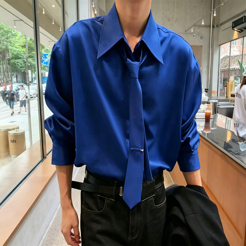 Klein Blue Shirt for Men, Autumn Style, Mature and Sophisticated Look, Layered with Acetate Satin Long-Sleeve Shirt