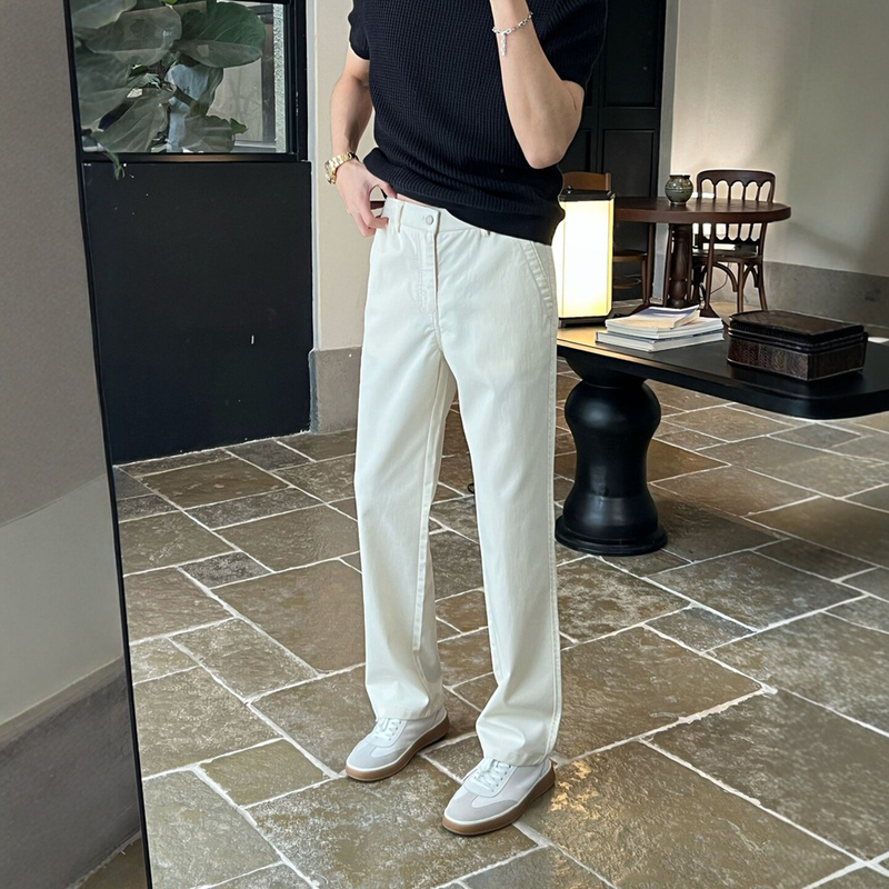 Lyocell Blend White Jeans for Men, Summer Thin High-Waisted Old Money Style Pants, Wide-Leg Relaxed Fit Flared Trousers