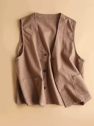 Брендовый однотонный жилет для отдыха, майка топ, куртка, из хлопка и льна