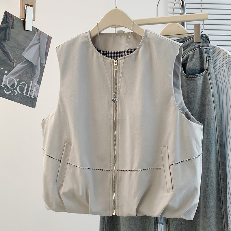 Korean Style Zipper Embroidered Vest for Women, Versatile Casual Sleeveless Layered Vest Jacket for Spring and Summer