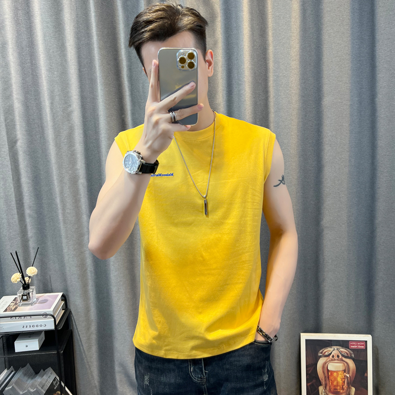 Yellow Fitness Sleeveless Vest for Men, Sports Running, 2024 Summer, Letter Print, College Student, Stylish Cropped Sleeve T-Shirt