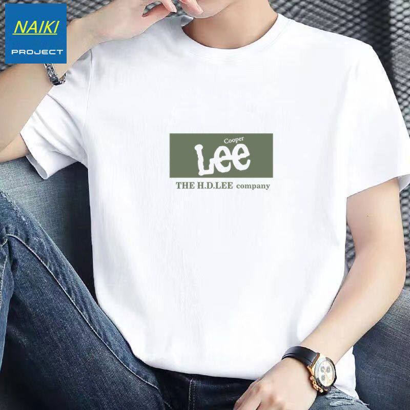 Lee Official official store Short-Sleeved T-Shirt Men's Pure Cotton Large Size Round Neck Loose T-Shirt Men's White Printed Men's T-Shirt