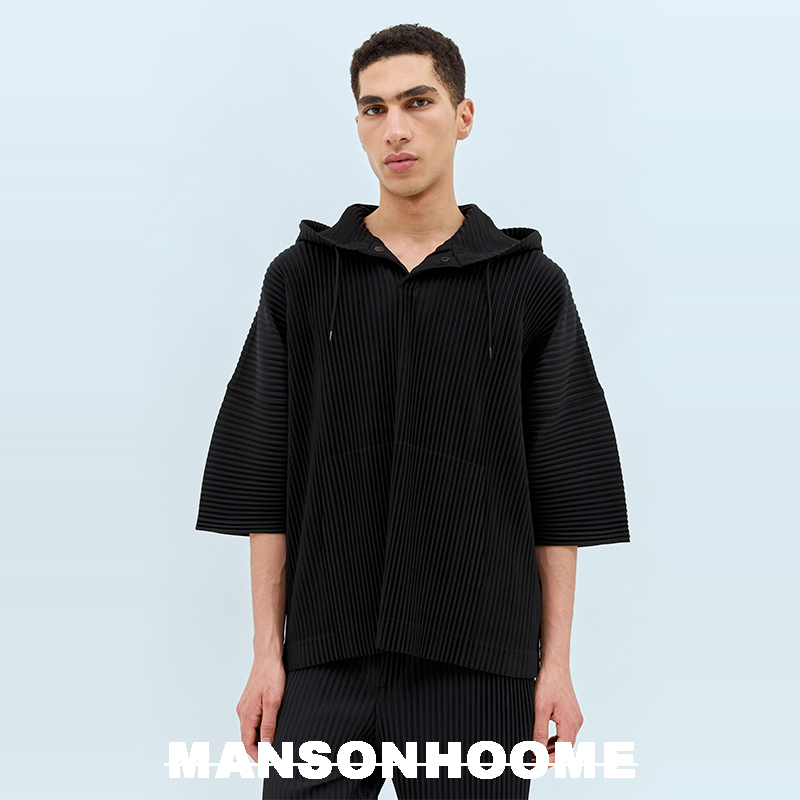 Minimalist Series | Japanese High-End Non-Issey Miyake Pleated Casual Half-Sleeve Hooded Sweatshirt T-Shirt for Men Jk127